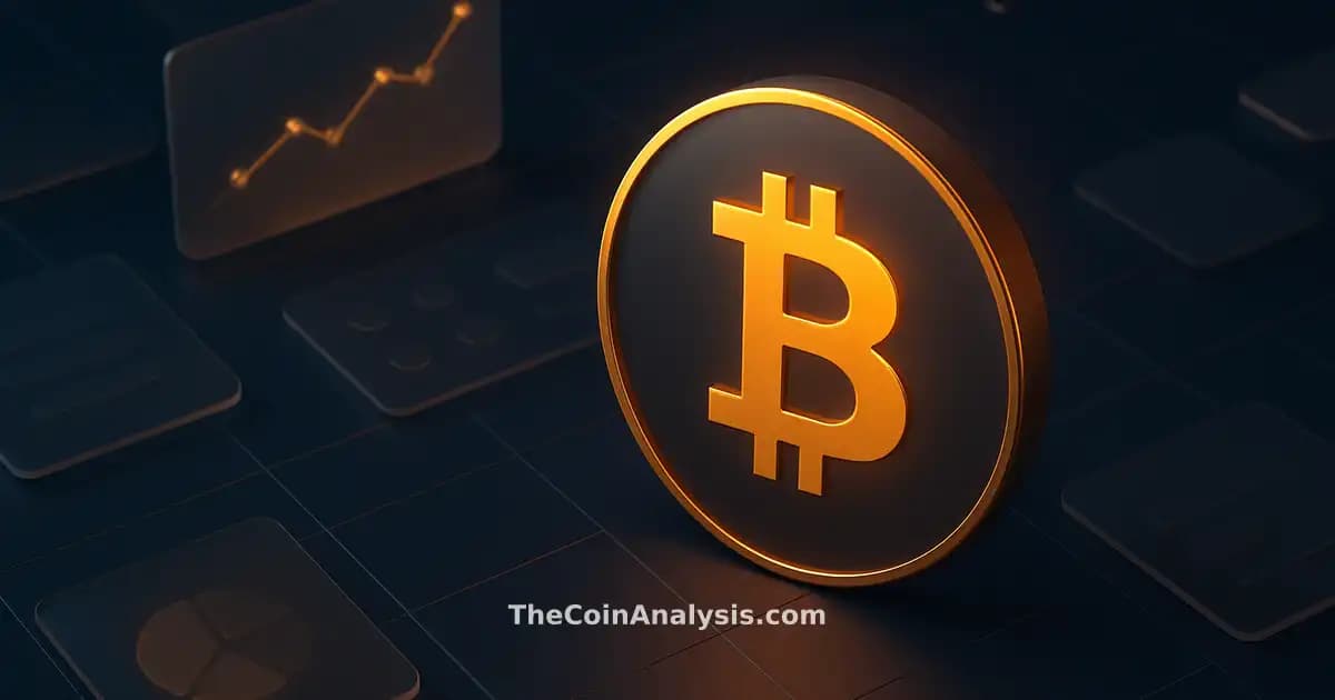 Stylized amber Bitcoin coin with golden rim glowing on deep navy isometric fintech dashboard with holographic panels