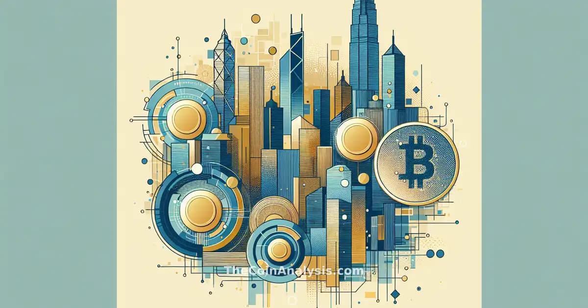 Abstract digital coins overlaying Hong Kong skyline in blue and gold tones with geometric shapes and modern style