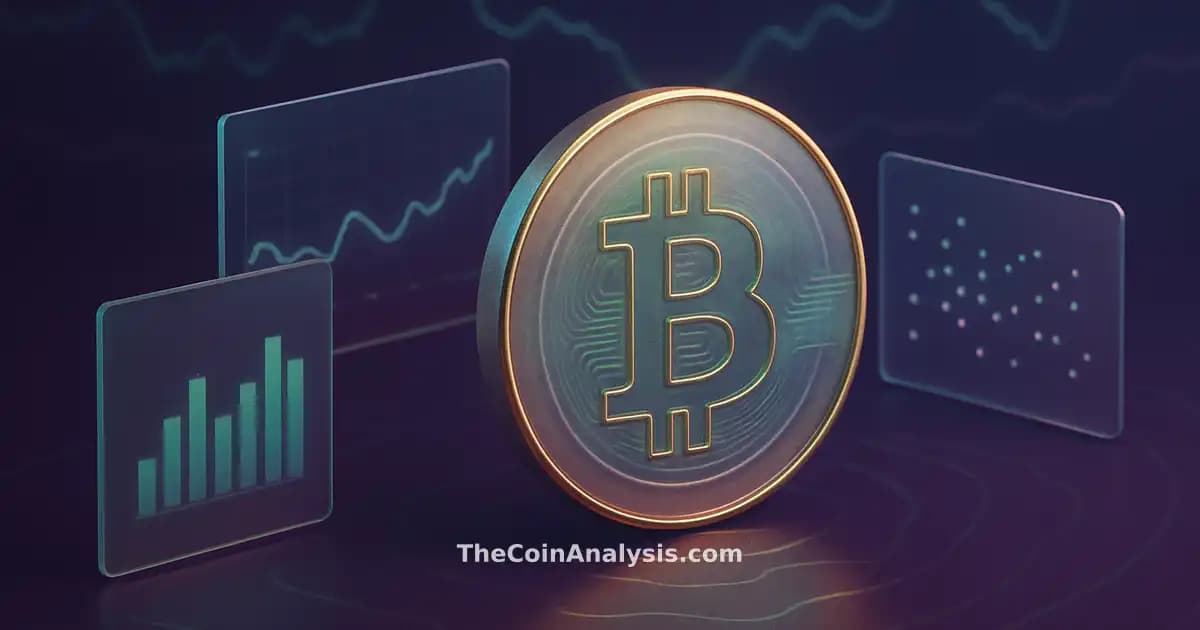 Stylized Bitcoin coin with golden rim light floats over frosted glass panels showing abstract market waves and oil ripples.
