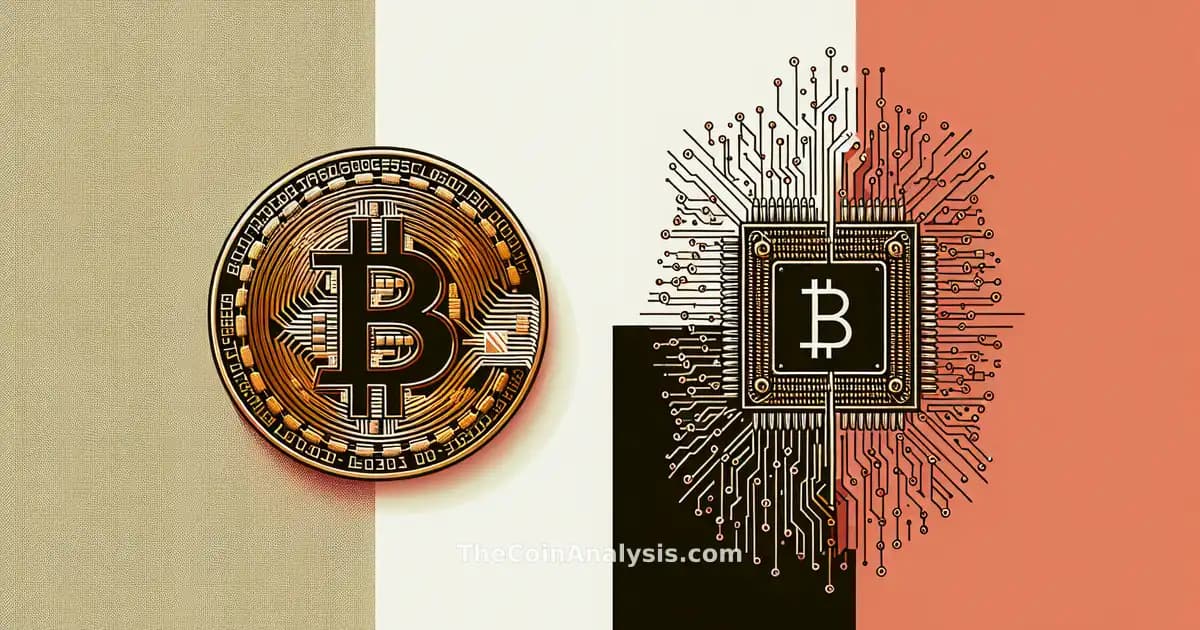 Stylized gold Bitcoin dissolving into digital code facing a large abstract quantum chip on dark background