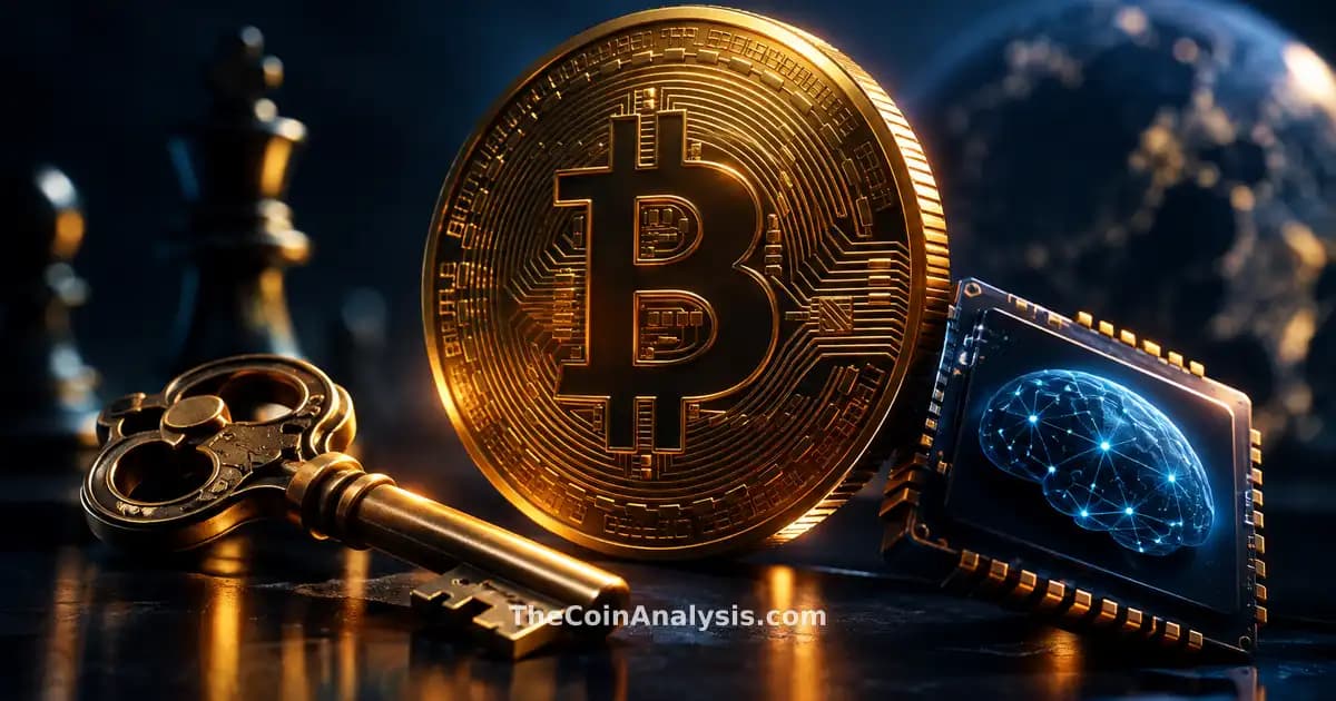 Stylized glossy Bitcoin coin with golden rim light against dark navy background, sharp focus, soft bokeh behind.