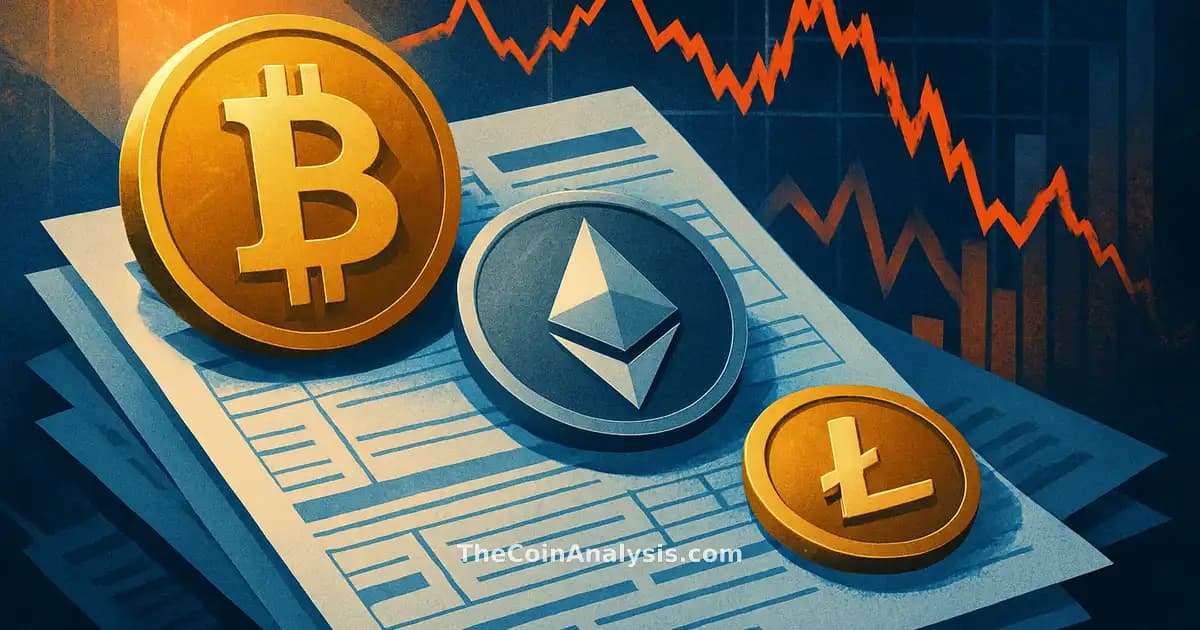 Stylized Bitcoin and Ethereum coins overlaid on tax forms and fluctuating financial charts with dark, tense tones.