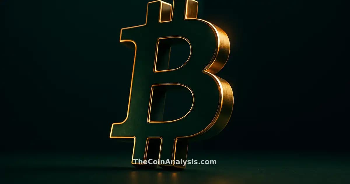 Symbole Bitcoin 3D brillant avec éclairage doré, fond bleu marine flou évoquant une division profonde.