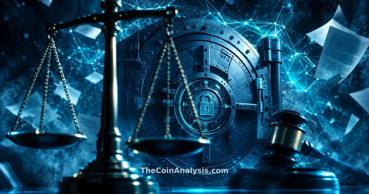 Stylized digital vault with cryptographic lock, geometric scales of justice, faint gavel, and scattered documents.