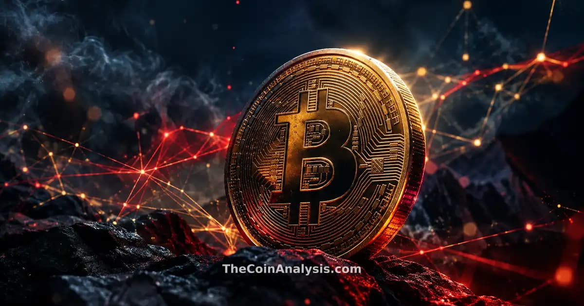 Stylized golden Bitcoin coin glowing against deep navy background with smoky charcoal and crimson abstract filaments