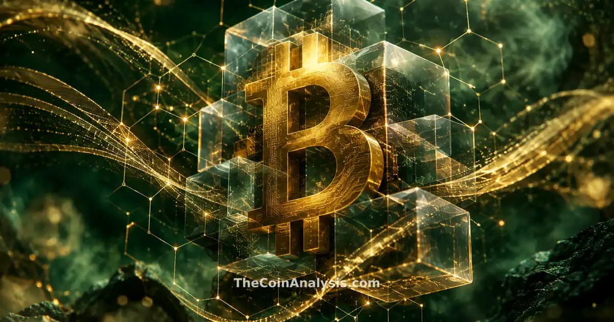 Stylized Bitcoin symbol encased in translucent blocks with glowing network filaments and gold data ribbons.