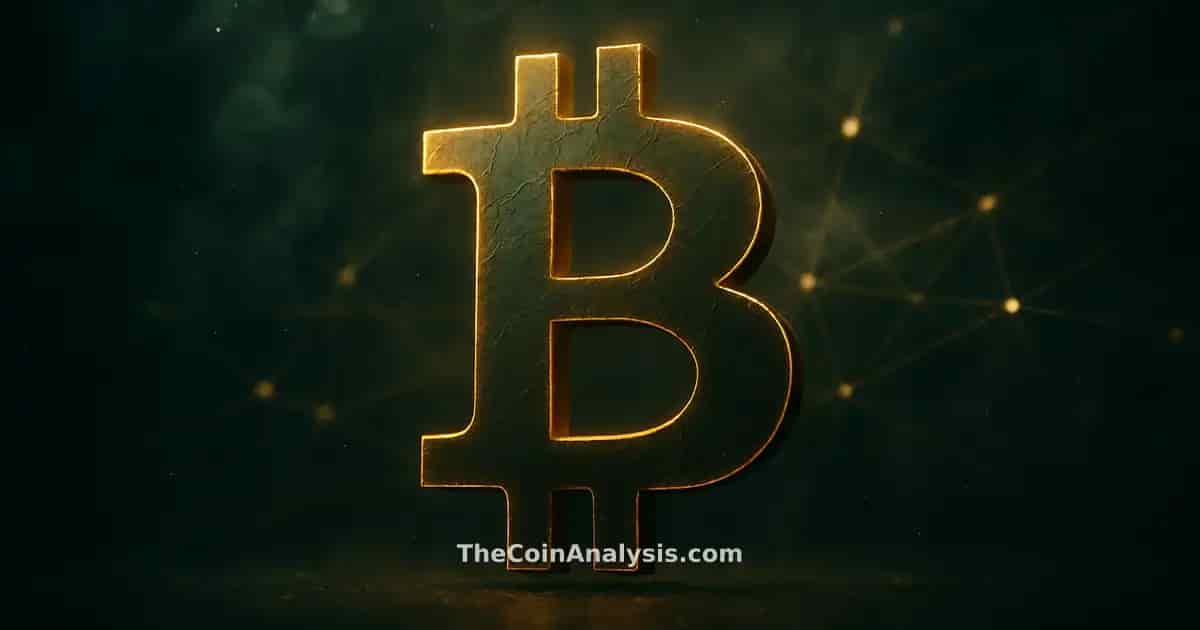 Stylized Bitcoin symbol with golden rim light and cracked texture against deep navy backdrop and glowing network filaments