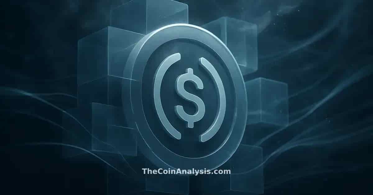 Stylized USD Coin symbol surrounded by translucent blocks, hex grid, and flowing data ribbons in slate grey and blue.