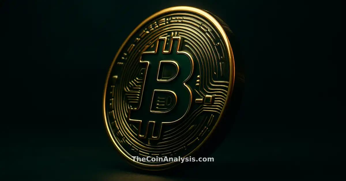 Glossy 3D Bitcoin coin with golden rim light against deep navy backdrop and soft bokeh, cinematic fintech style
