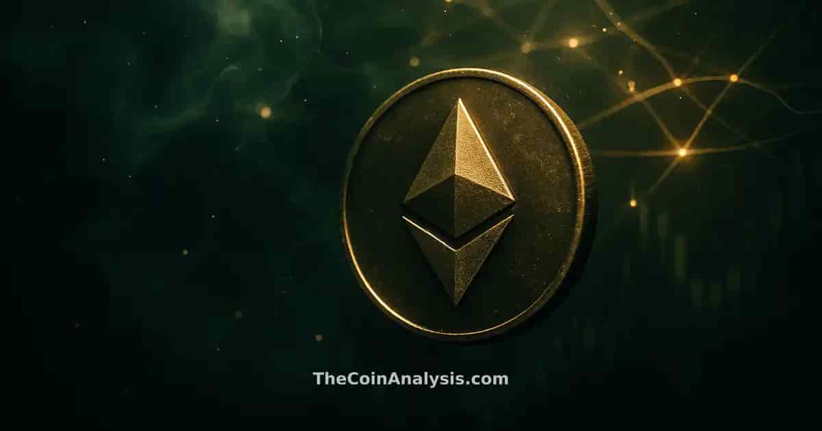 Stylized glowing Ethereum token with smoke and light particles, set against dark green and gold abstract market candles.