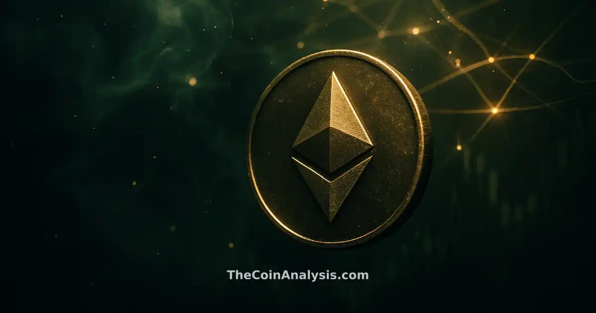 Stylized glowing Ethereum token with smoke and light particles, set against dark green and gold abstract market candles.
