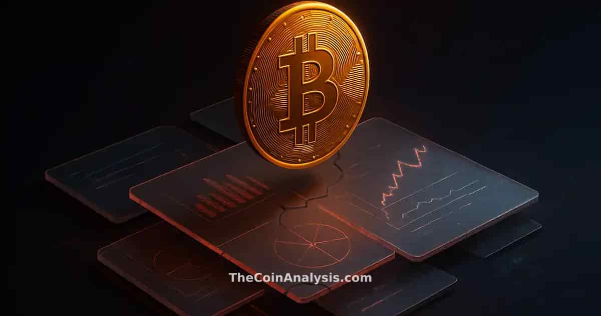 Stylized Bitcoin coin illuminated by golden light hovering above cracked glass panels with holographic glitches.