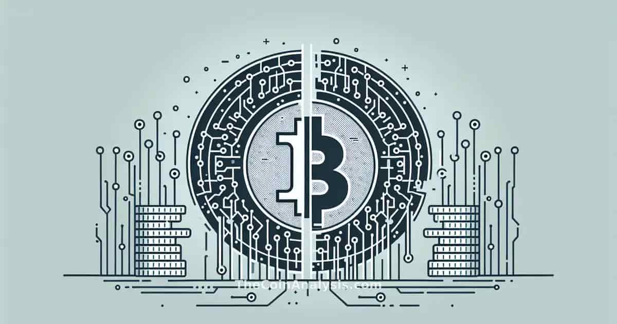Minimalist illustration of cracked Coinbase logo with fading digital coins and AI circuit lines in background.