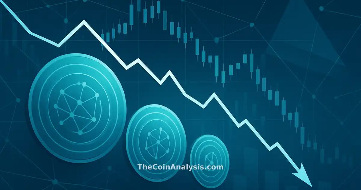 Abstract digital coins and network lines over a plunging stock chart with geometric shapes in cool blue tones