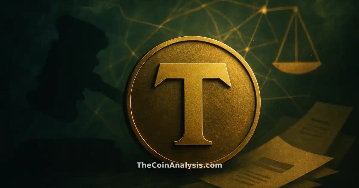 Symbole stylisé TRUMP entouré d’un marteau de juge, balances géométriques et documents fragmentés en vert et or.