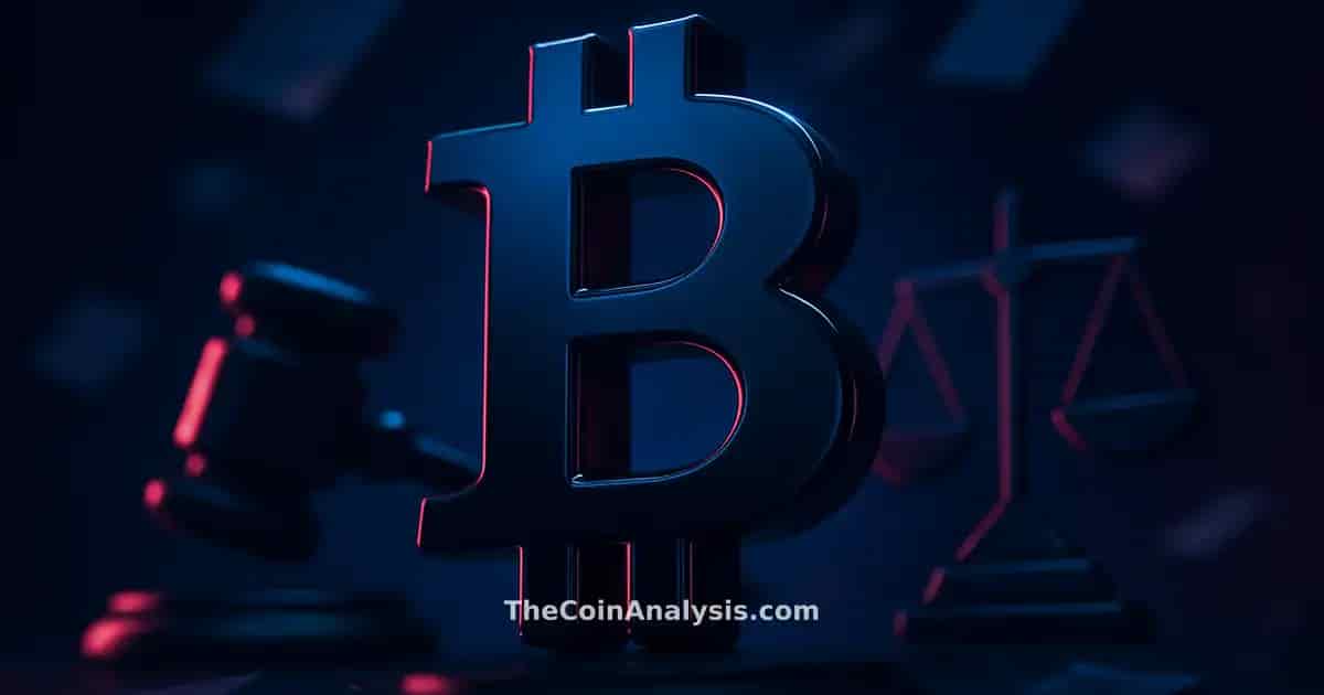 Glossy 3D Bitcoin symbol with abstract gavel and scales of justice, floating fragmented documents on dark backdrop