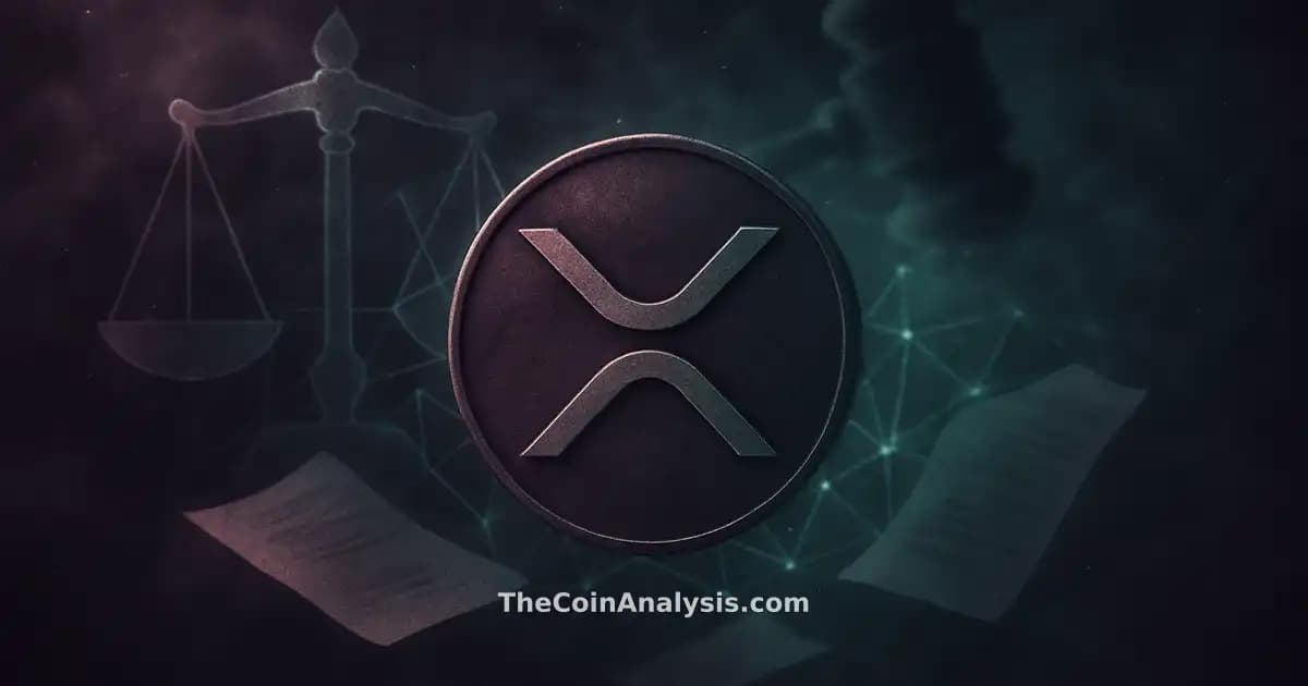 Stylized XRP symbol glowing amid geometric scales of justice, abstract gavel, and floating document fragments.