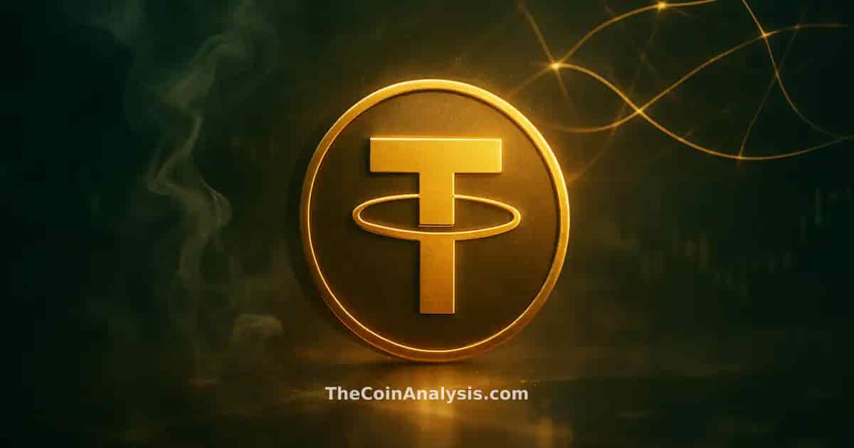 Stylized Tether symbol glowing in warm gold, surrounded by abstract trading floor elements and candlestick silhouettes.
