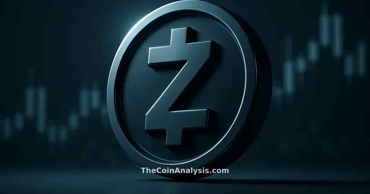 Glossy 3D stylized Zcash token with sharp rim light, set against blurred blue-grey market candles background.