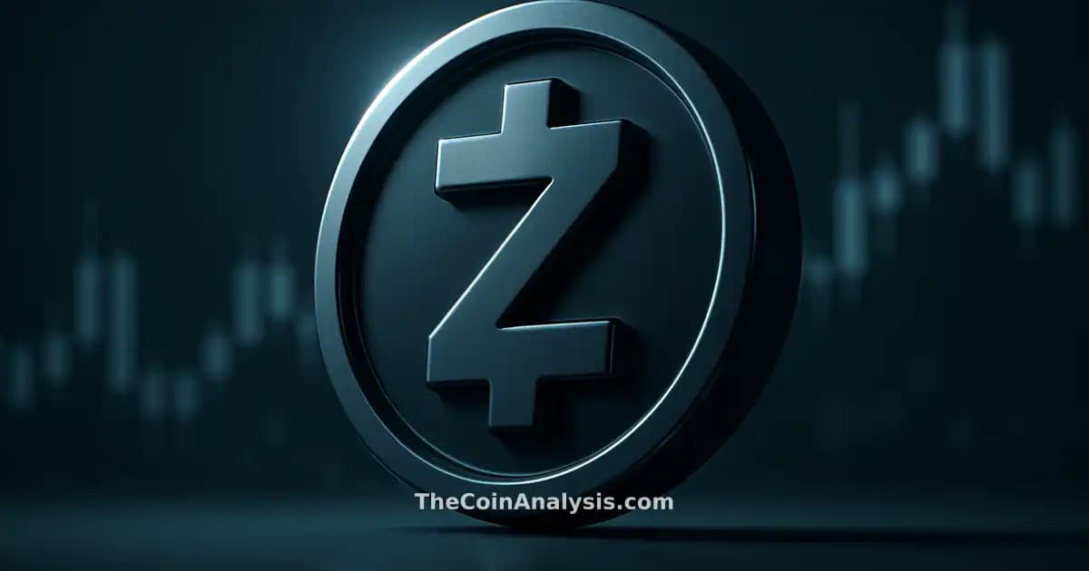 Glossy 3D stylized Zcash token with sharp rim light, set against blurred blue-grey market candles background.