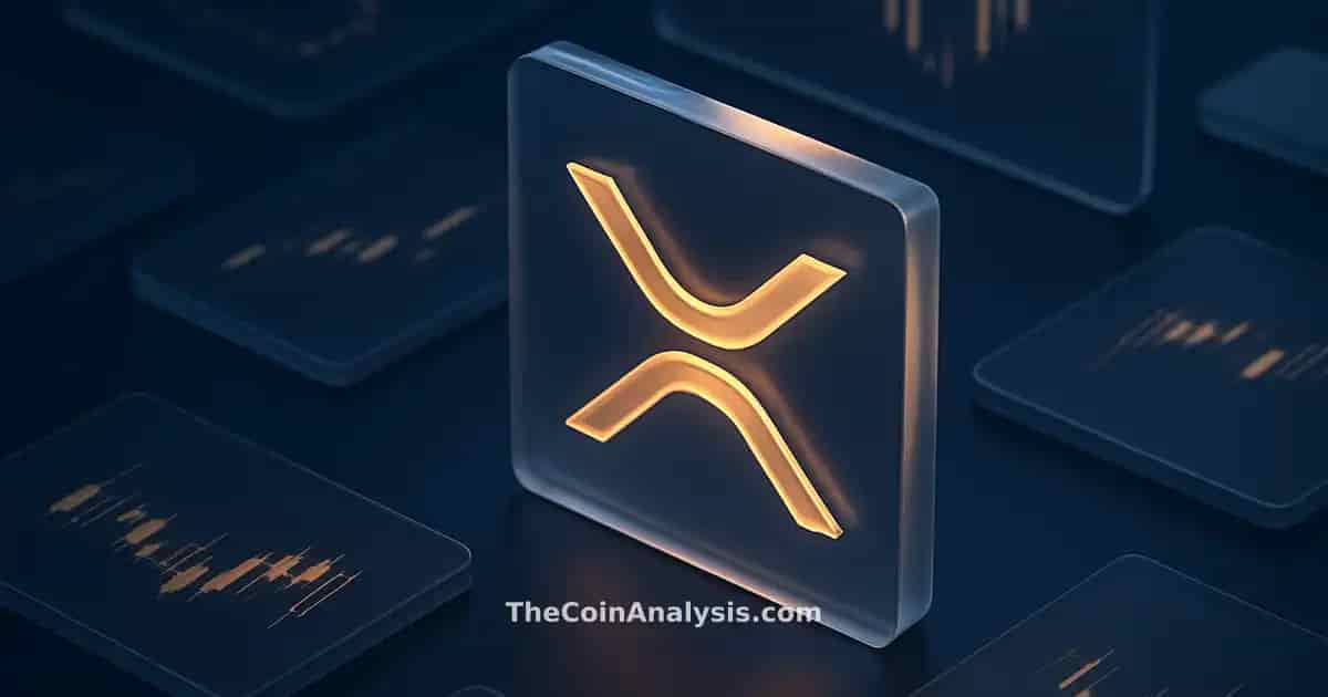 Isometric digital illustration of frosted glass XRP token with amber holographic accents and fading market candle charts