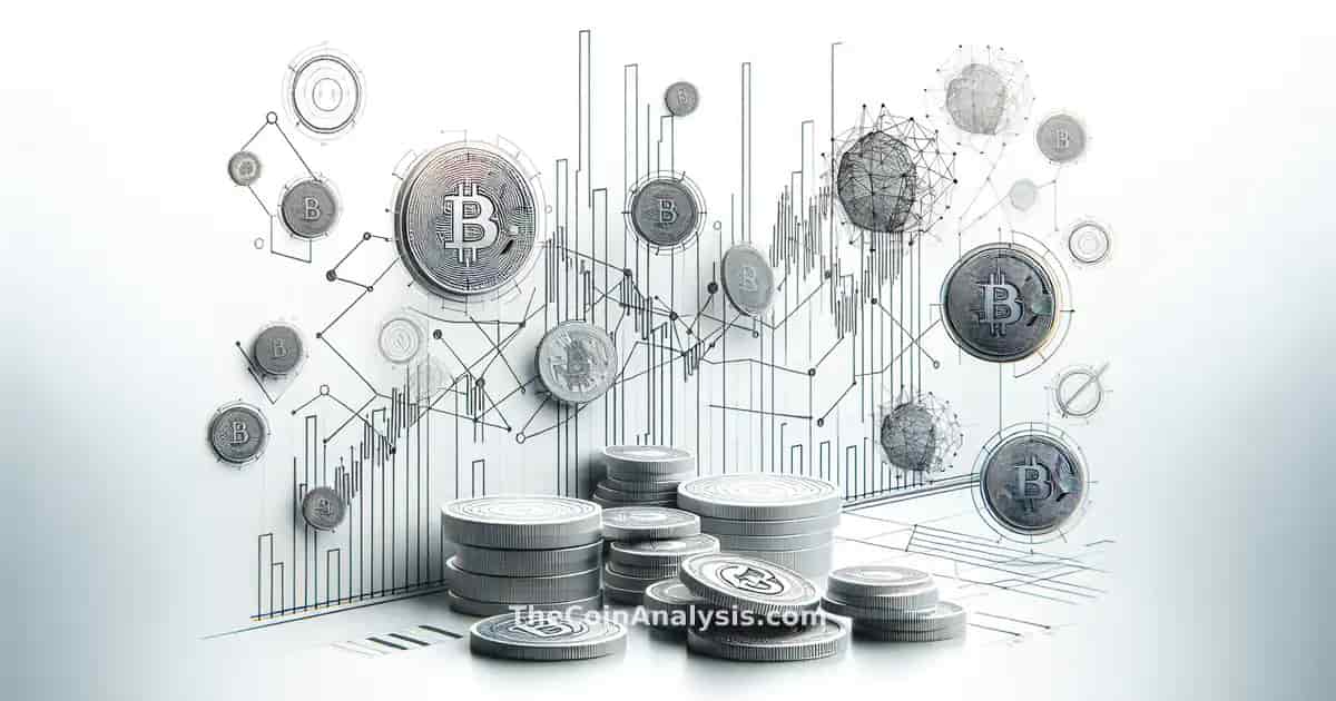 Abstract digital coins merging with geometric financial graph lines on a white minimalist background.