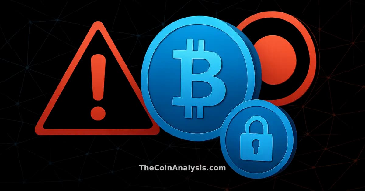 Abstract digital coins with Polygon network logos, security warning icons, and blue-red dynamic breaking news graphics