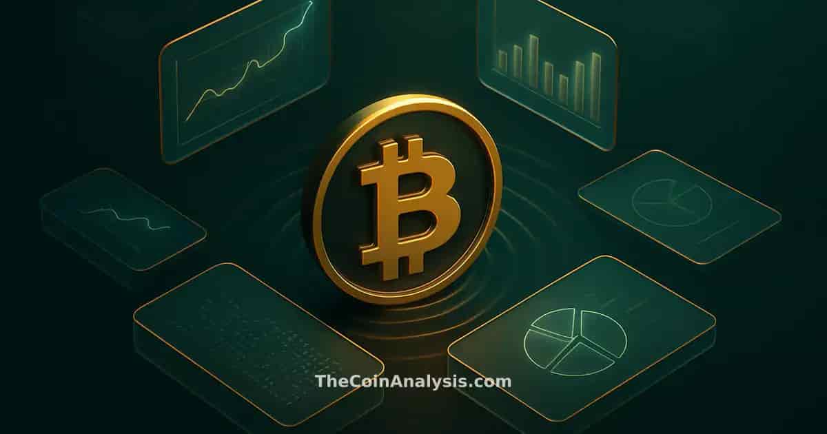 Isometric Bitcoin symbol with golden rim light floating amid frosted panels and wallet icons on dark background