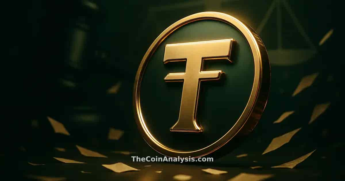 3D glossy stylized TRUMP crypto symbol with abstract gavel, scales of justice, and swirling document shards on dark backdrop