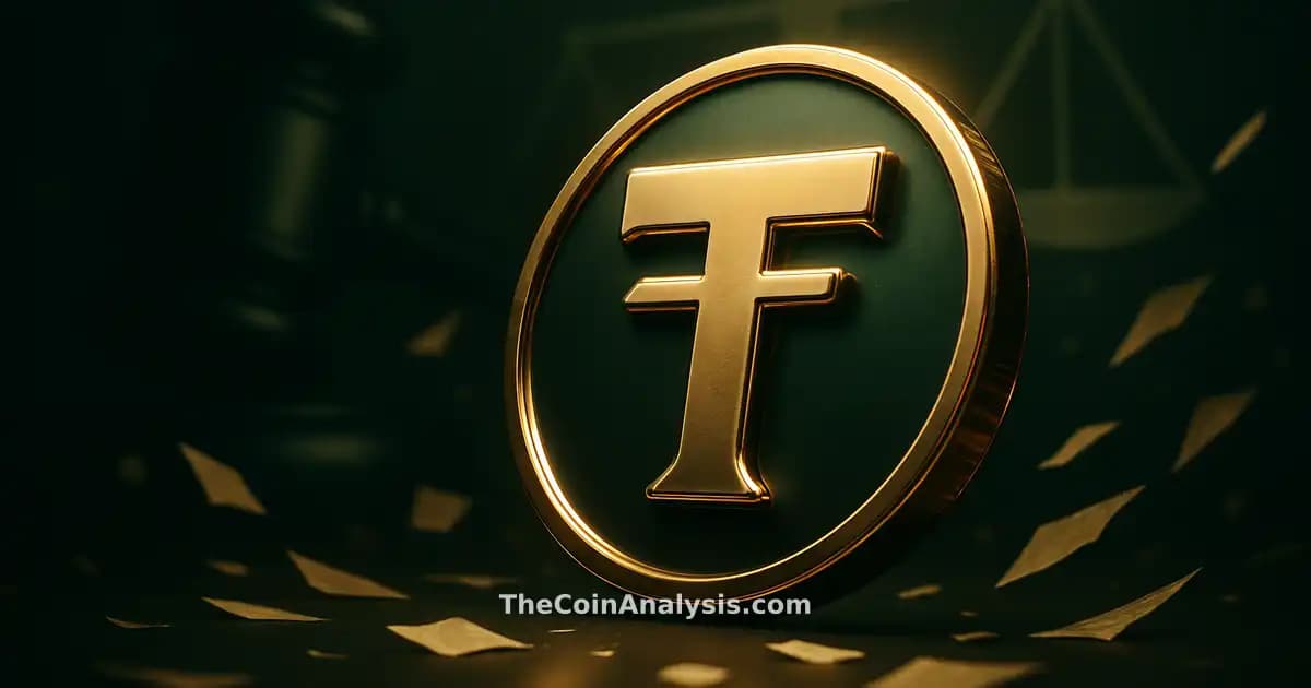 3D glossy stylized TRUMP crypto symbol with abstract gavel, scales of justice, and swirling document shards on dark backdrop