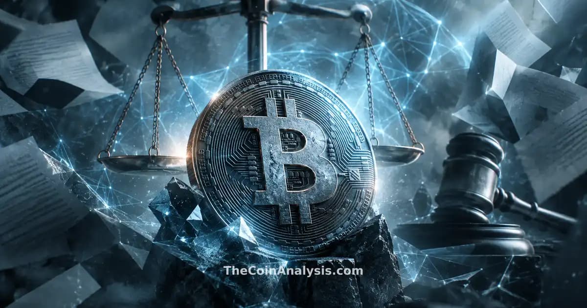 Symbole Bitcoin stylisé entouré d'échelles de justice et d'un marteau, sur fond abstrait gris et bleu glace.