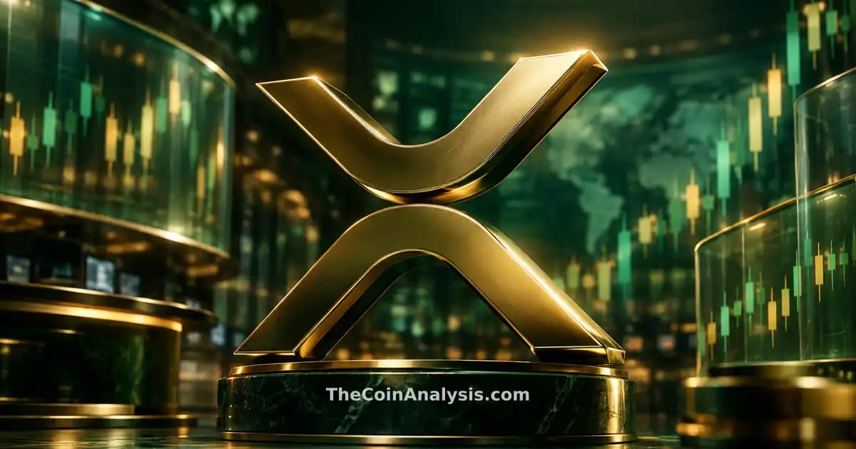 3D glossy XRP symbol lit dramatically, set against frosted glass tickers and abstract candlestick charts in green and gold.