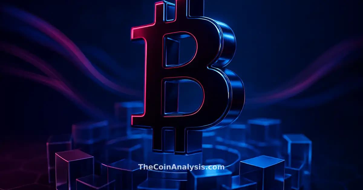 Symbole Bitcoin 3D brillant entouré de blocs translucides et rubans de données sur fond bleu nuit et magenta.
