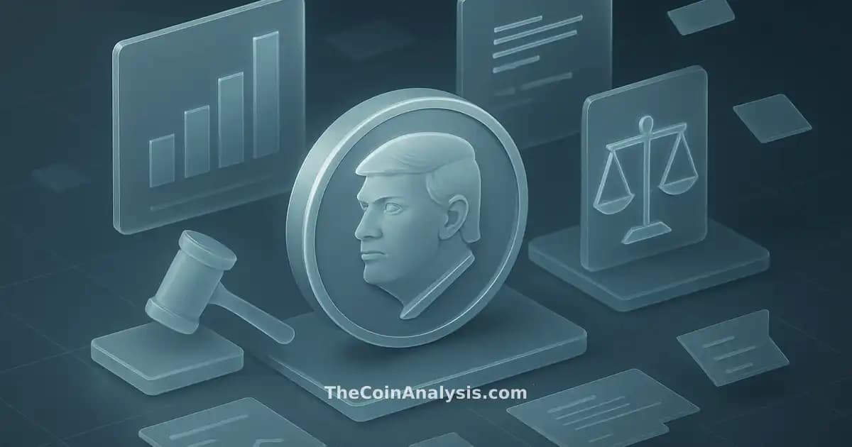 Isometric fintech dashboard with stylized TRUMP coin, frosted-glass gavel, scales of justice, and floating digital documents.
