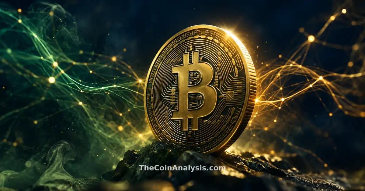 Stylized Bitcoin coin glowing with golden rim light against deep navy backdrop and abstract green-gold network filaments.