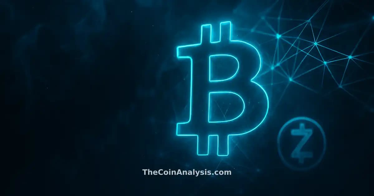 Stylized Bitcoin symbol with glowing edges and abstract Zcash glyph amid smoky, teal-lit network filaments.