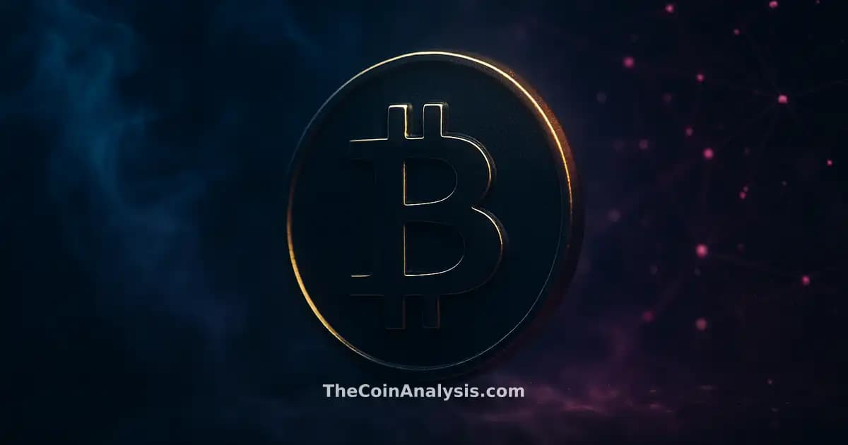 Stylized Bitcoin coin with golden rim light amid glowing network filaments and smoky midnight blue background