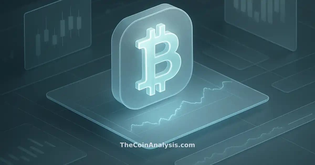 Isometric digital dashboard with luminous Bitcoin symbol, frosted glass panels, candlestick charts, and trading floor elements
