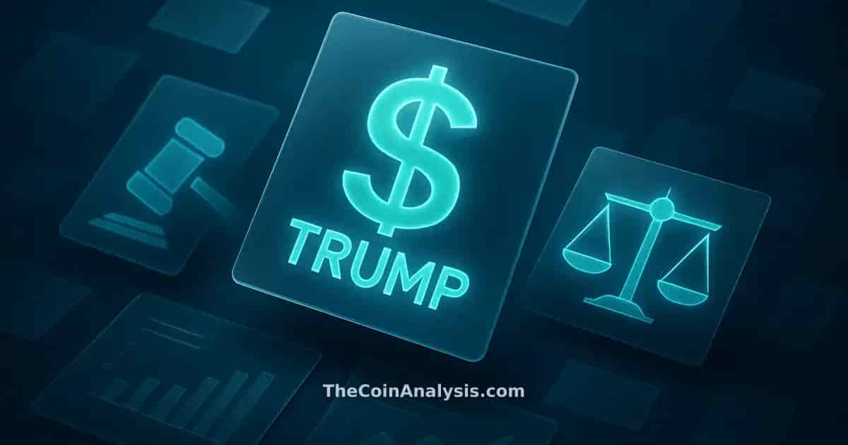 Isometric data visualization with frosted-glass panels, holographic TRUMP symbol, gavel, scales, and document fragments.