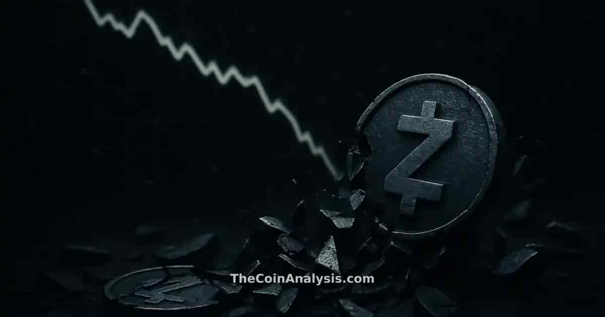 Abstract digital Zcash coins shattering beside a dark, downward-trending price chart with network lines.