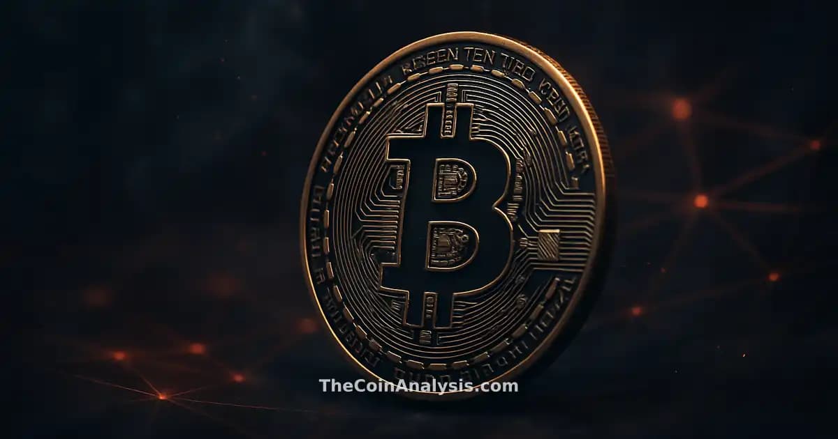 Stylized Bitcoin coin with golden rim light amid smoky crimson and charcoal hues, glowing network filaments behind.