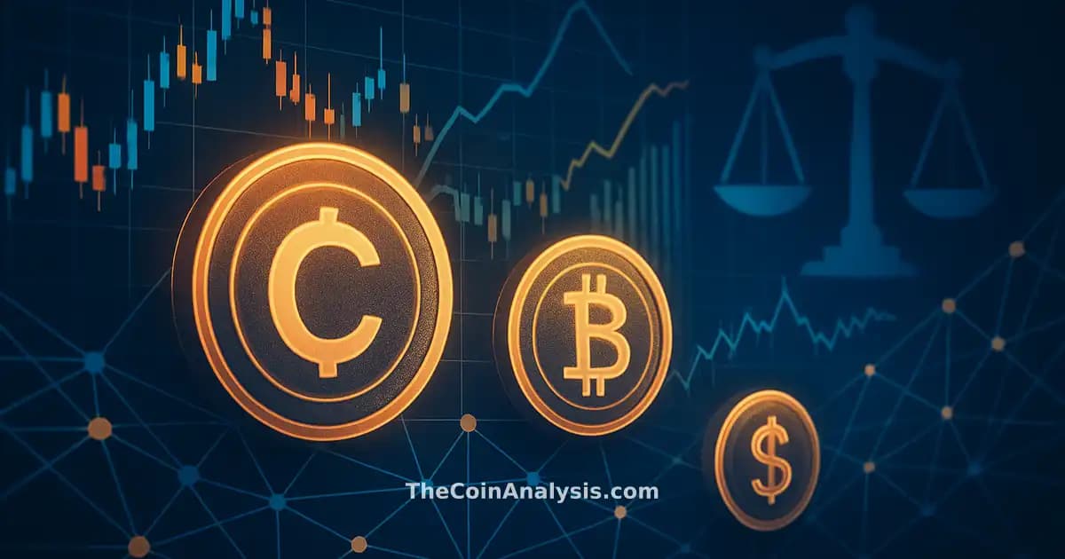 Illustration numérique de pièces de crypto, graphiques financiers et connexions réseau sous éclairage vif.