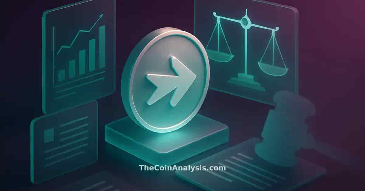 Isometric digital illustration of MOVE token surrounded by holographic justice scales and gavel silhouettes