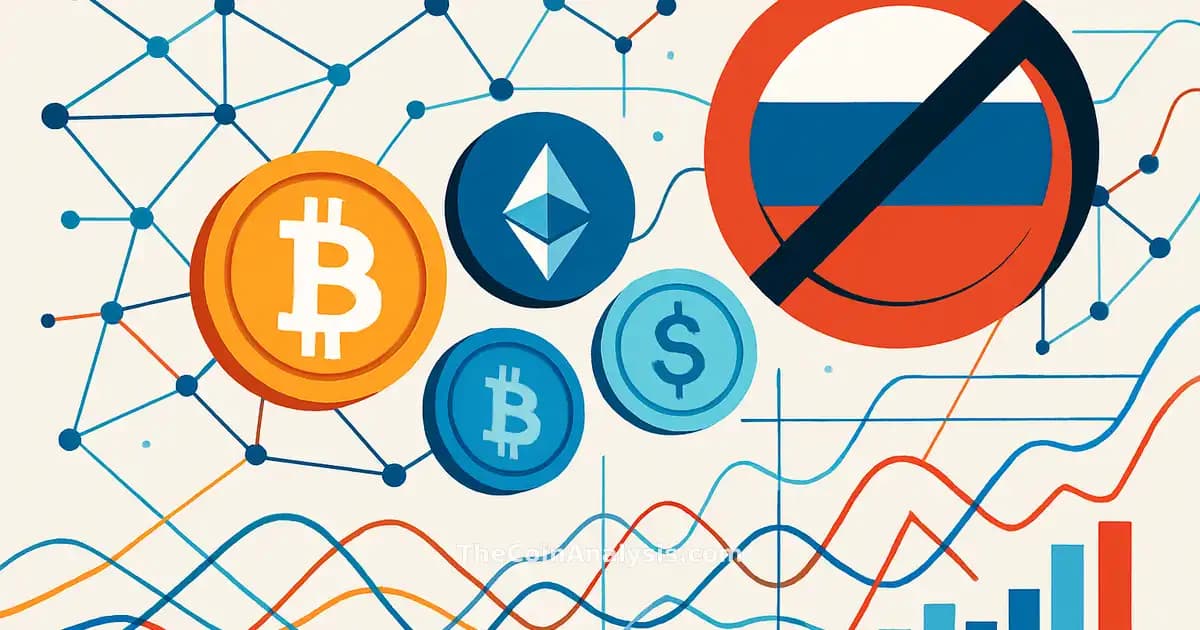 Pièces cryptos abstraites, nœuds réseau connectés, graphiques de données et lignes dynamiques illustrant sanctions.