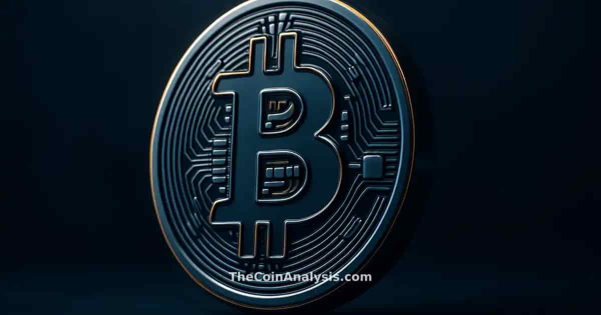 3D glossy Bitcoin coin with golden rim lighting against deep navy backdrop and soft bokeh, cinematic style