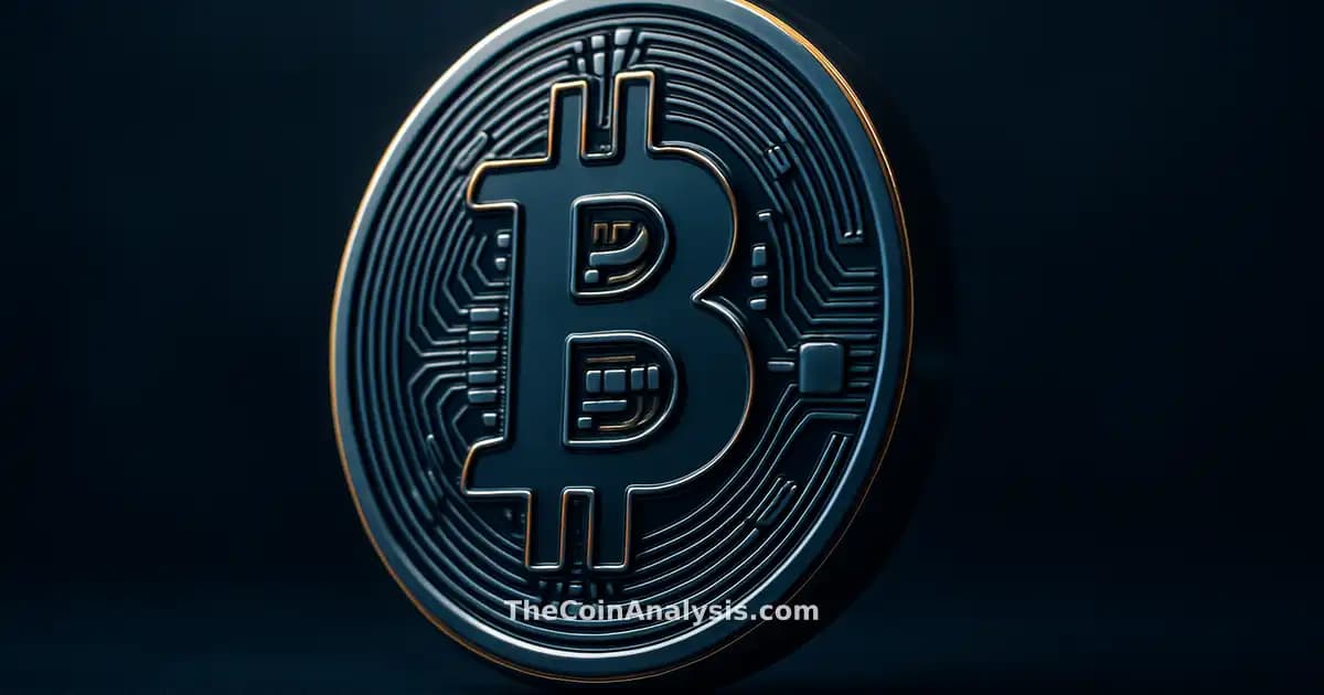 3D glossy Bitcoin coin with golden rim lighting against deep navy backdrop and soft bokeh, cinematic style