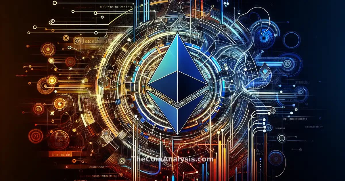 Digital Ethereum symbols intertwined with glowing quantum circuits against bold contrasting color blocks.