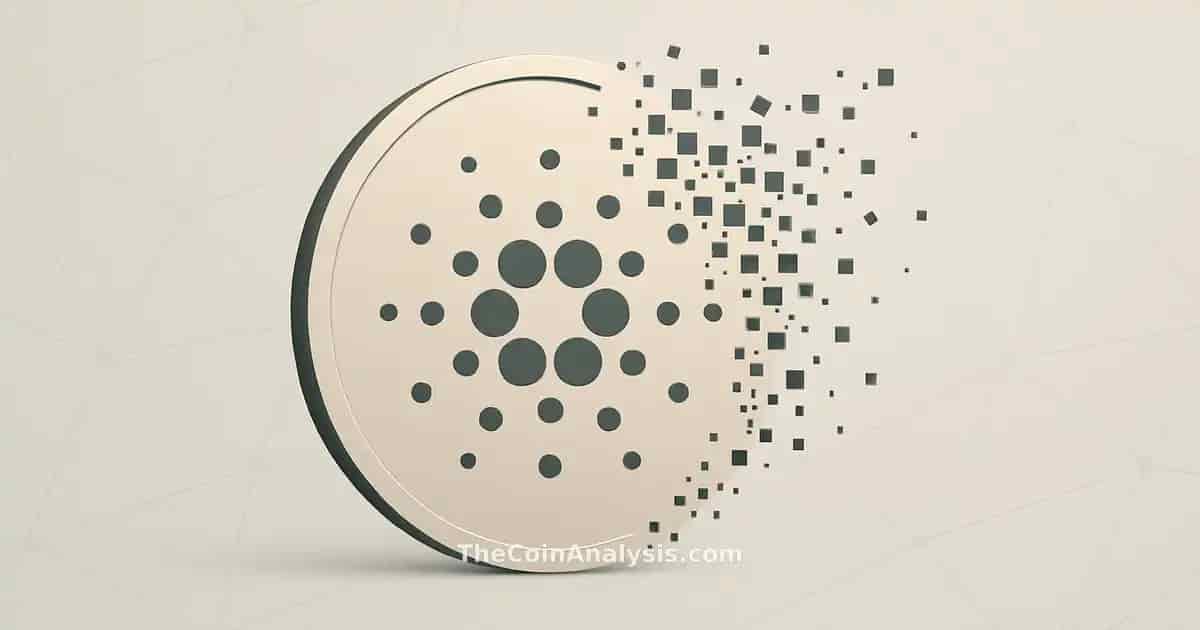 Abstract Cardano coin dissolving over faint network lines on a neutral background, symbolizing fragmentation.