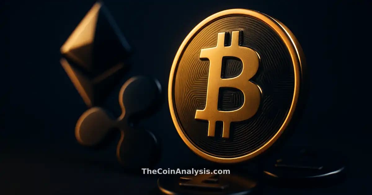Pièce Bitcoin dorée en 3D éclairée par un halo doré, sur fond bleu marine avec reflets subtils et flou artistique.