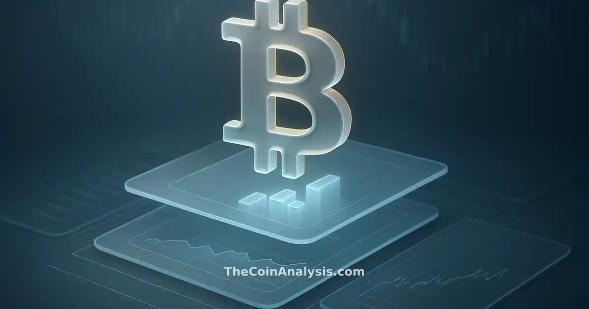 Symbole Bitcoin en verre givré doré flottant au-dessus de panneaux de données isométriques bleus et gris.